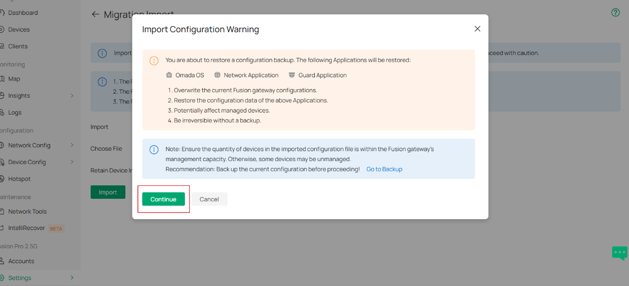 Migrate Controller step showing import configuration warning.