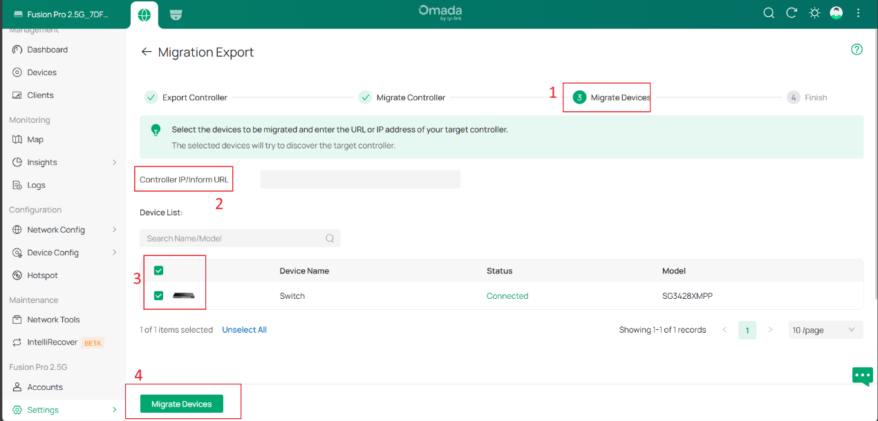 Migrate Devices page showing target controller URL field, device list, and Migrate Devices button.