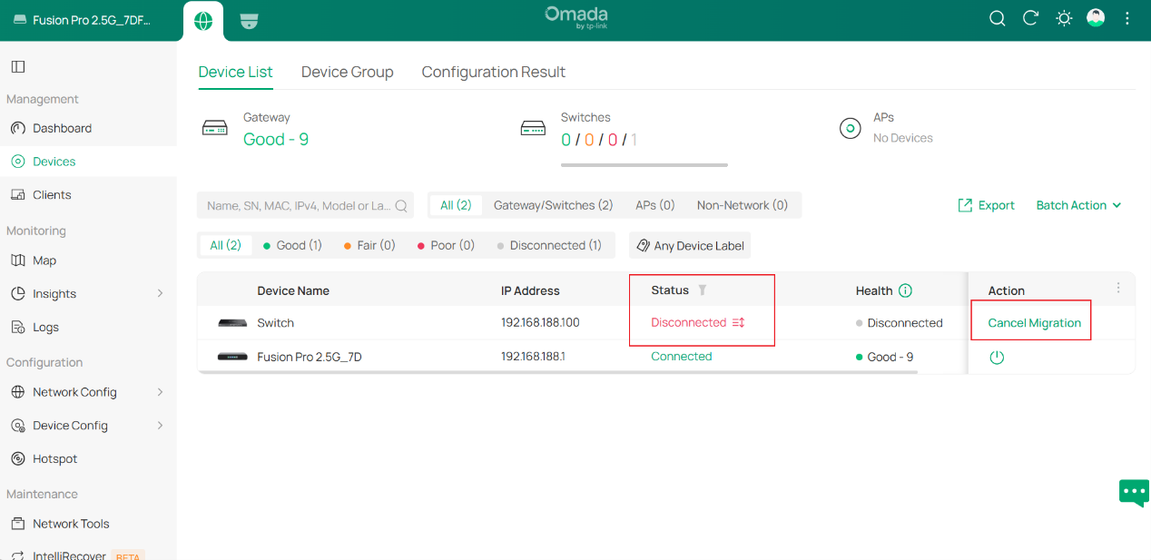 Device list showing a device in Migrating status with the Cancel Migration option available.