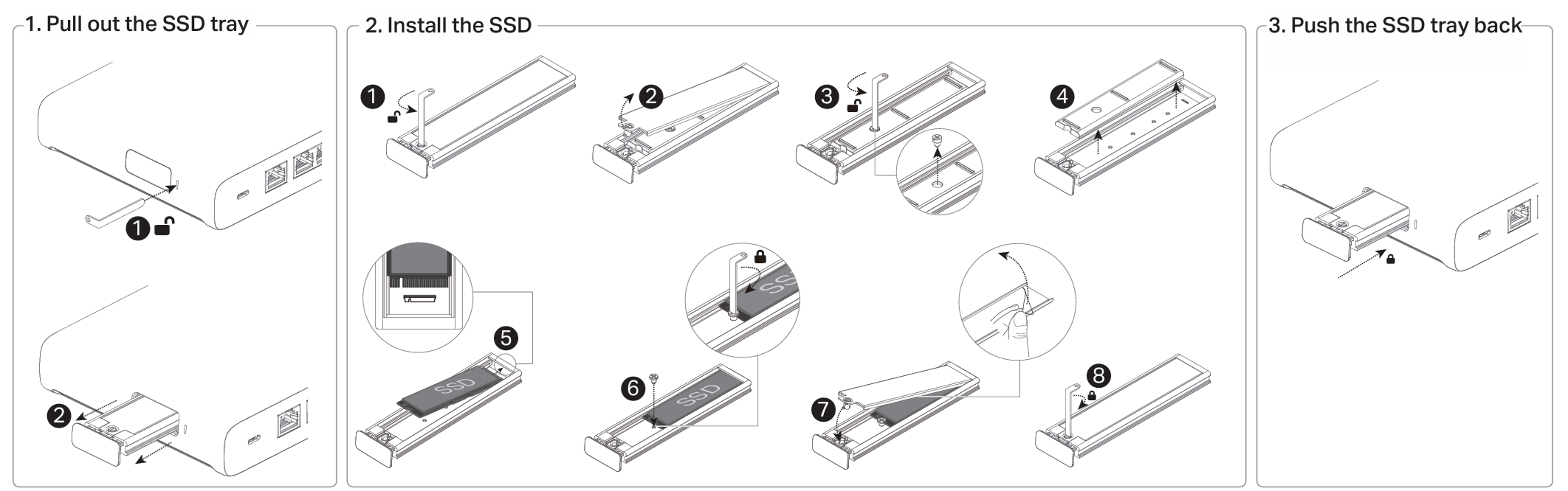 Fusion Pro SSD installation diagram showing how to remove the tray, install the SSD, and reinstall the tray.