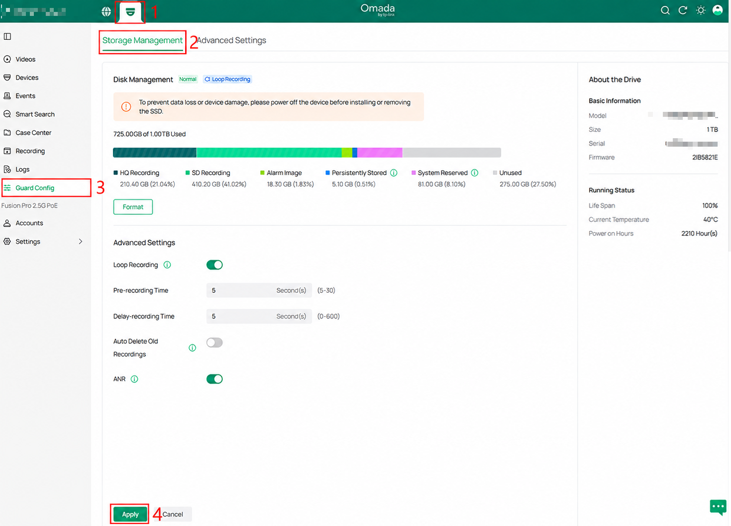 Omada Guard Storage Management page showing Guard Config, Storage Management, and Apply highlighted.
