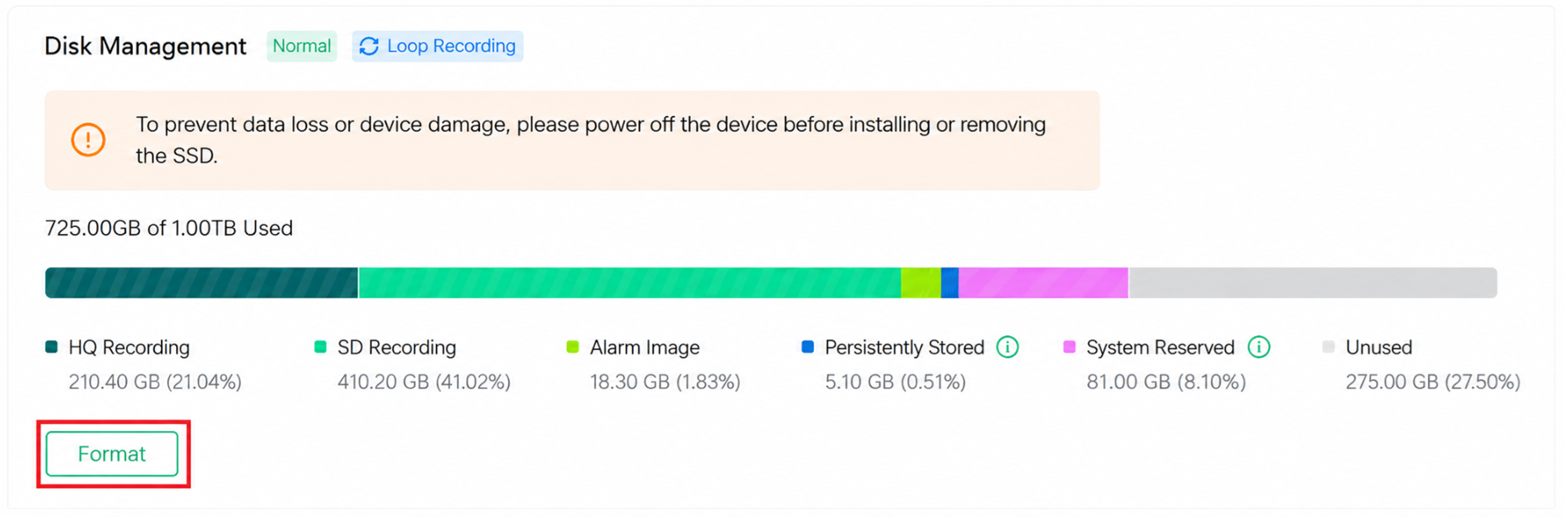 Storage Management Disk Management section showing the Format button highlighted.