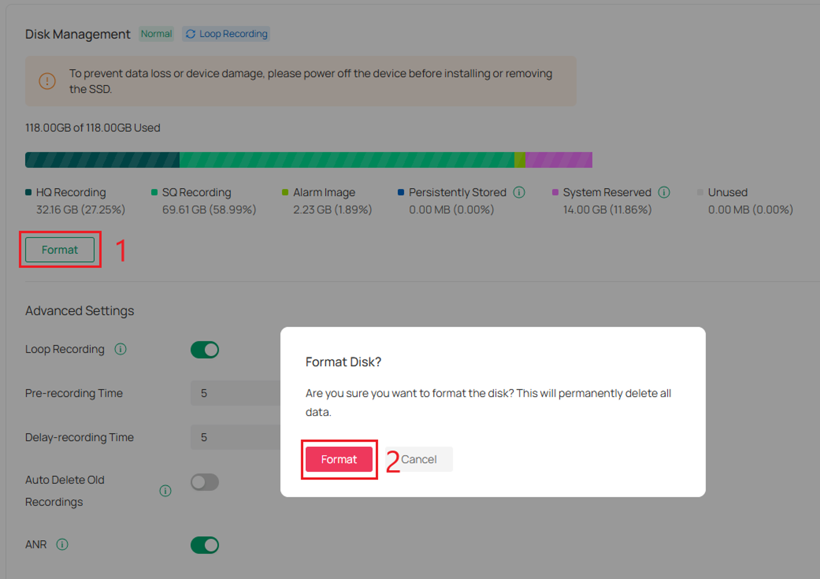 Storage Management Format Disk confirmation window with the Format button highlighted.