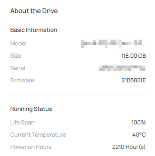 Storage Management About the Drive panel showing SSD details, lifespan, temperature, and power-on hours.
