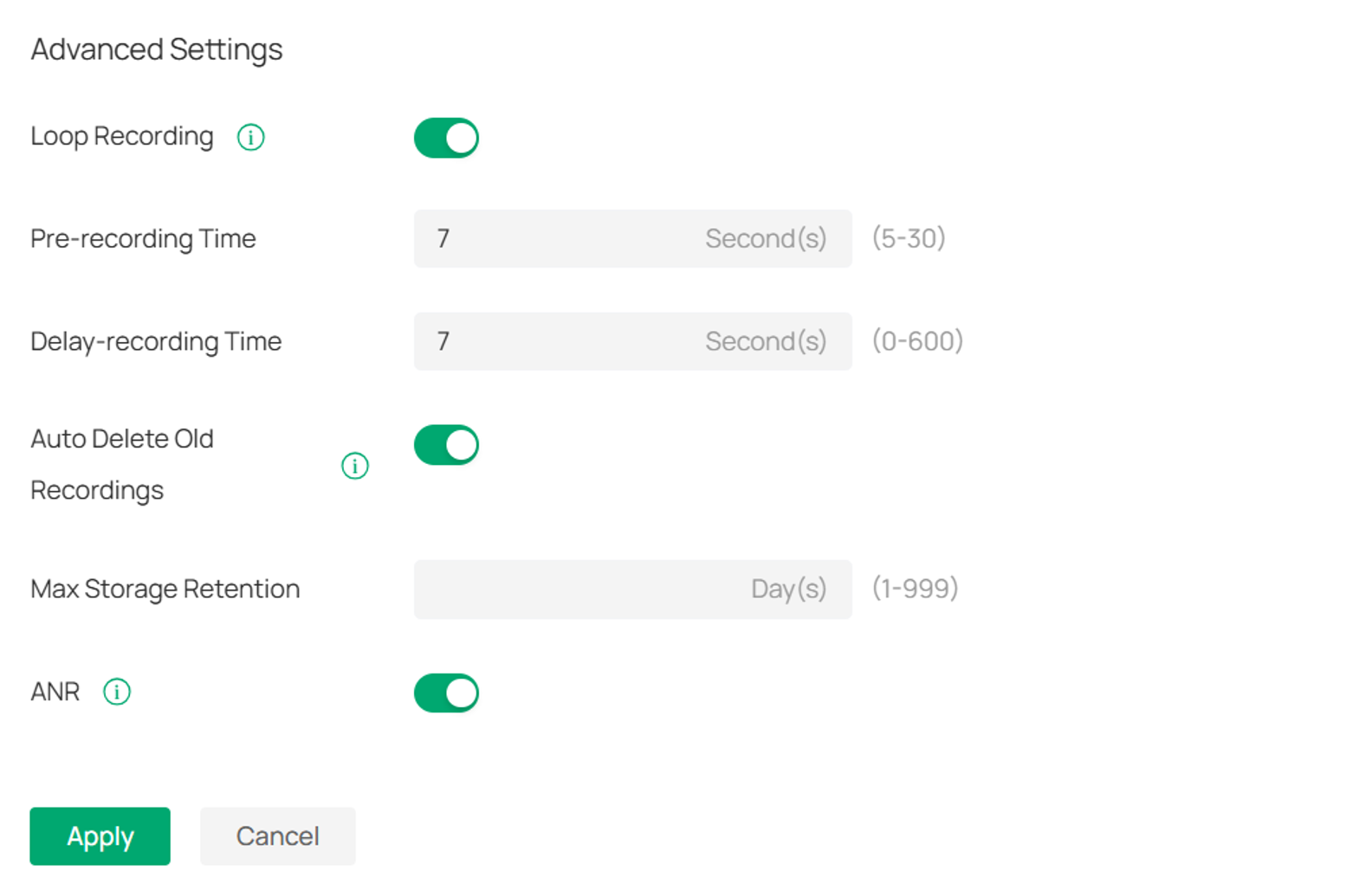 Storage Management Advanced Settings showing recording, retention, ANR, and Apply options.