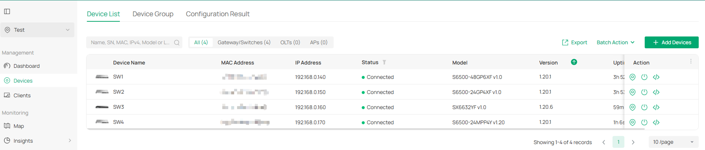 Show the Devices page, all switches adopted on Omada Controller.