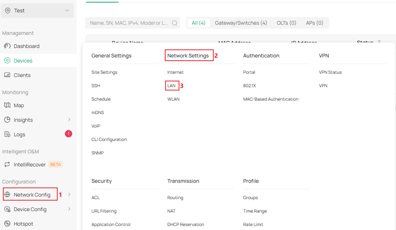 Network Config menu with Network Settings expanded and LAN selected for VLAN configuration.