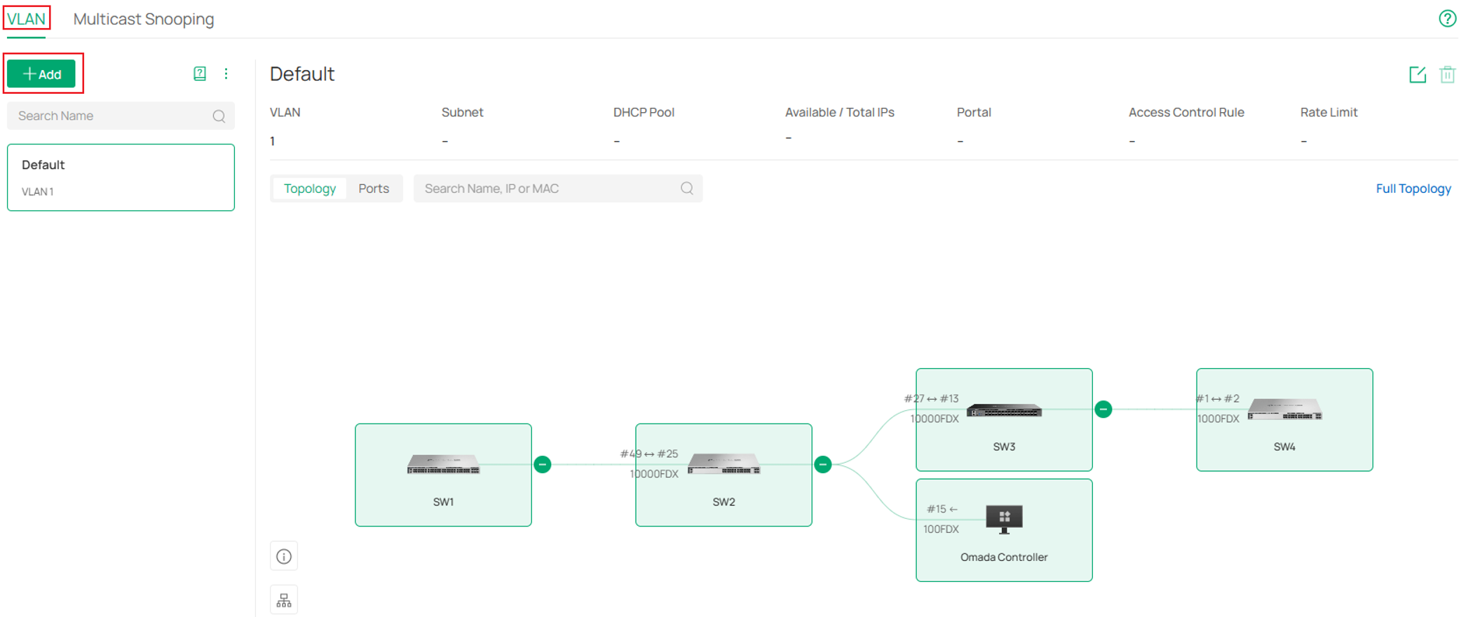 VLAN configuration page with Add button highlighted to create a new VLAN network.