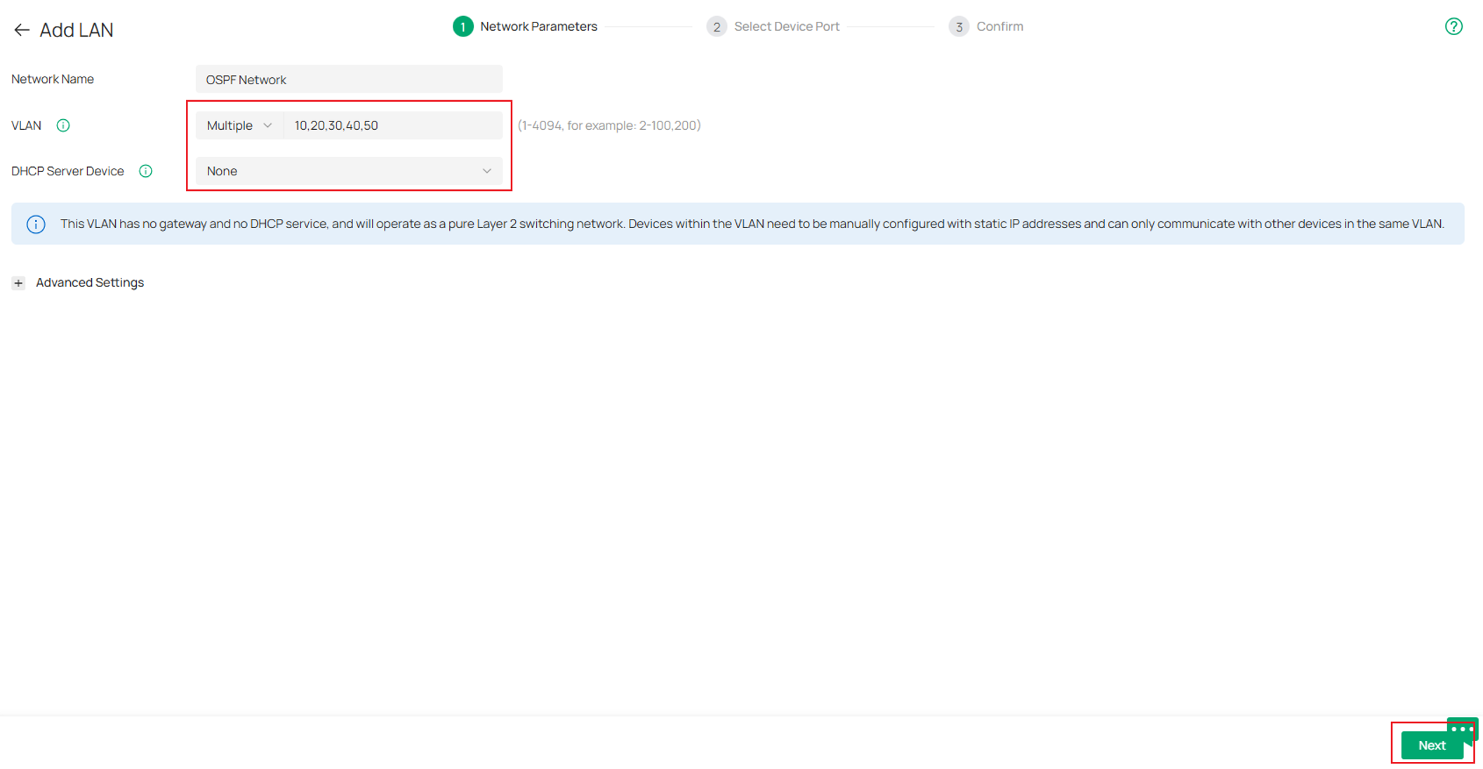 Show the Network Parameters page VLAN configuration process.