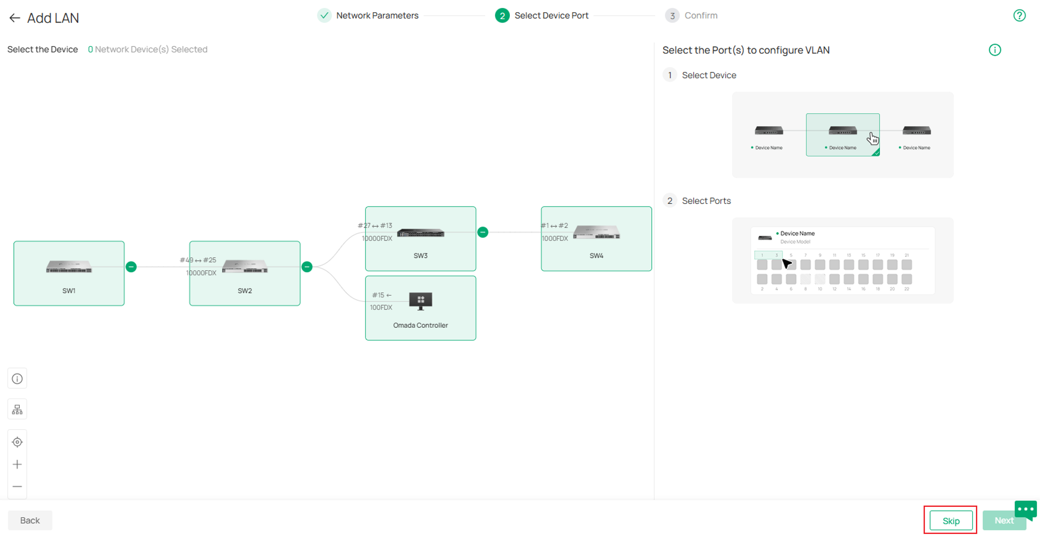 Show the Select Device Port page VLAN configuration process.