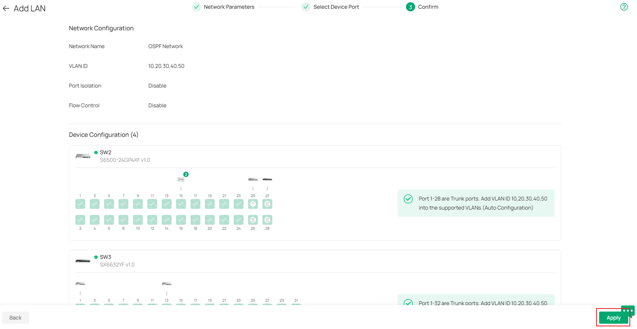 Show the Confirm page VLAN configuration process.