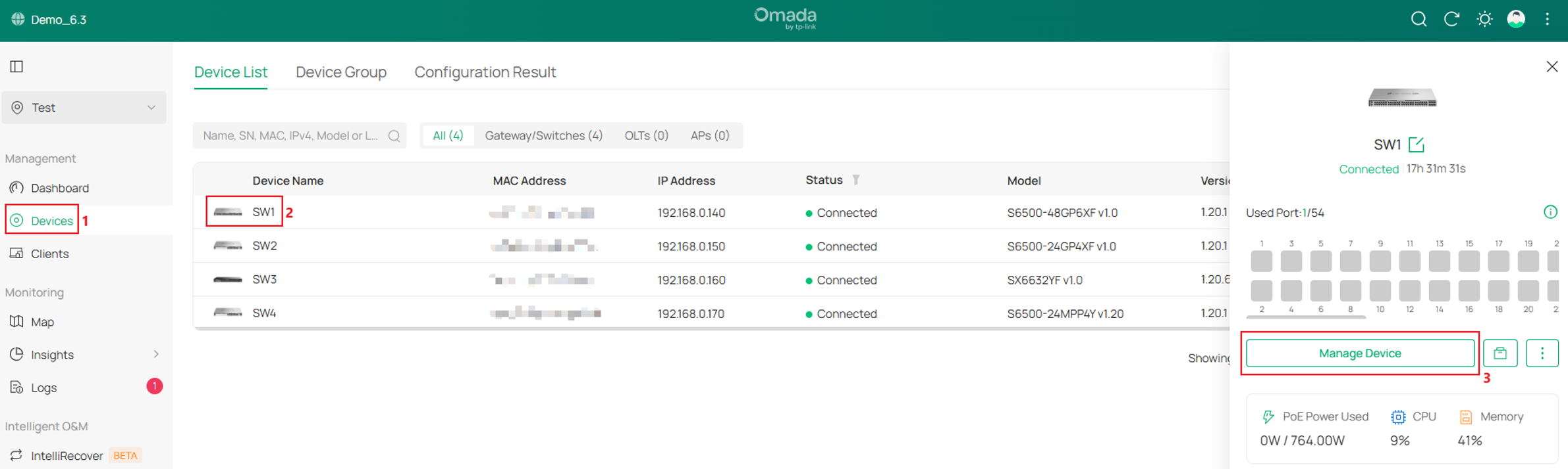 Omada Devices page showing SW1 selected and Manage Device option.