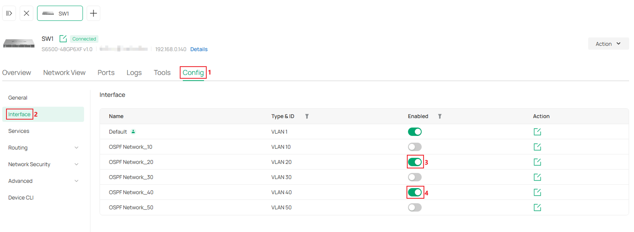 Show SW1 interface configuration page.
