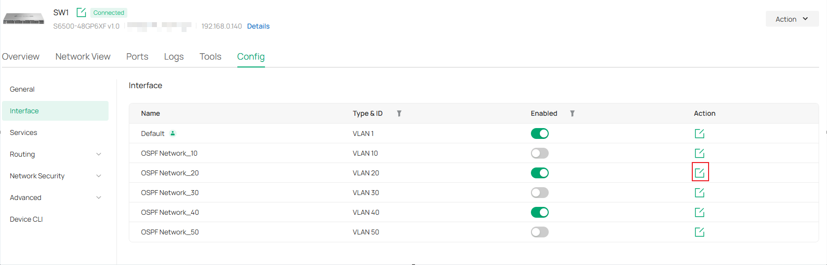 Show SW1 interface configuration page.