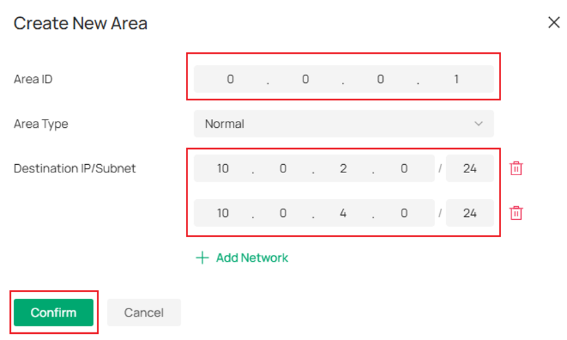 Show SW1 OSPF Create New Area configuration page.