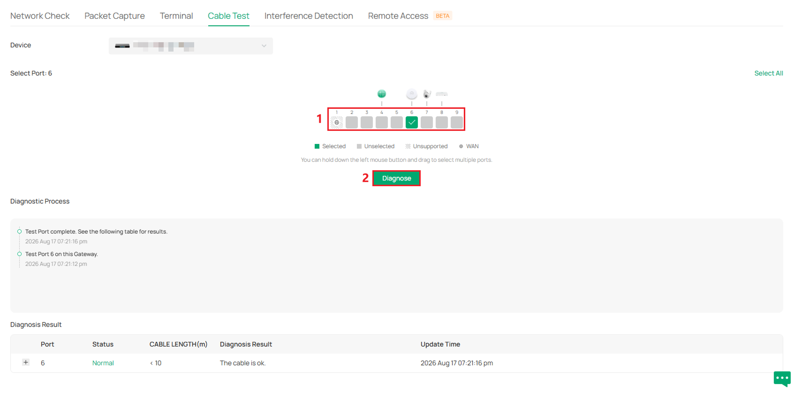 Cable Test page showing selected ports and the Diagnose button.