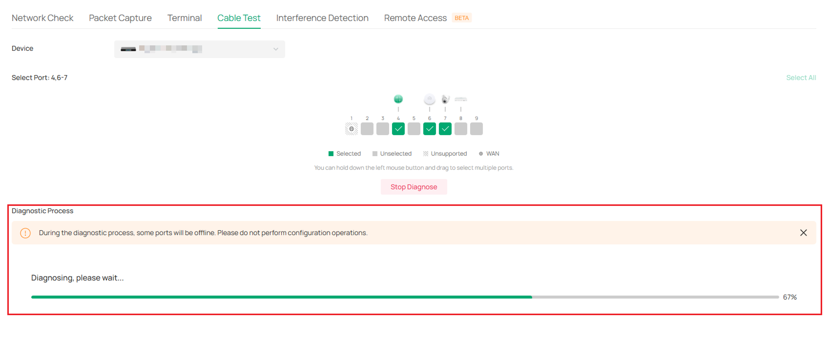 Diagnostic Process section showing cable test progress and the Stop Diagnose button.