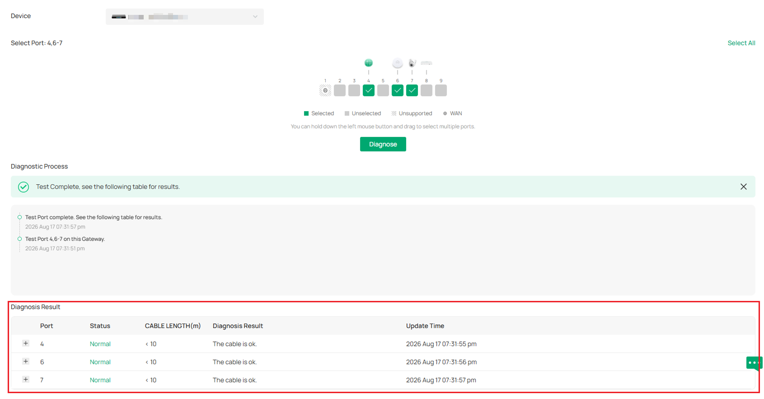 Diagnosis Result section showing tested ports and expandable diagnosis details.