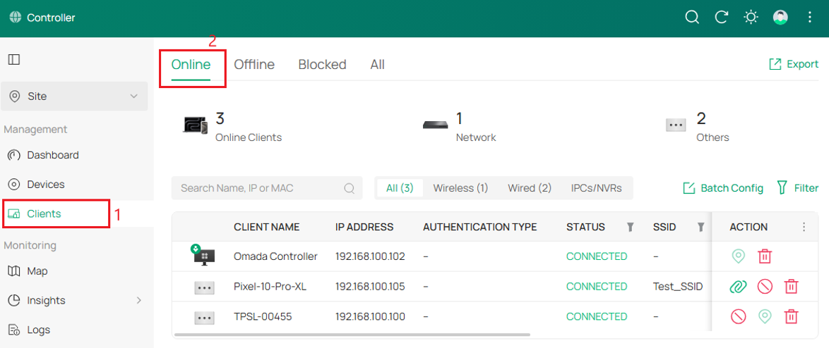 Omada Controller Clients page showing online wireless and wired clients with connection status and client details.