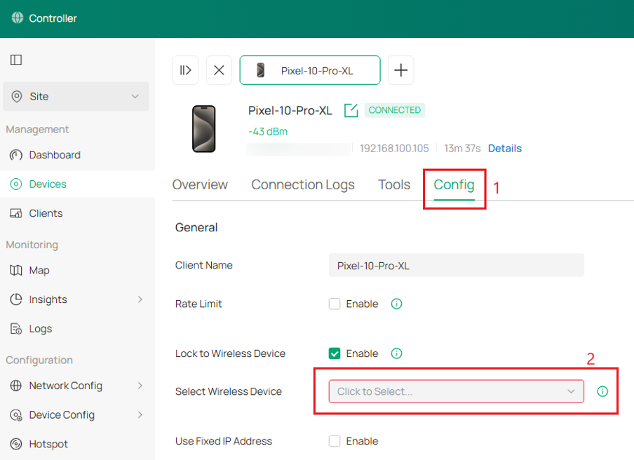 Mobile client settings screen, displaying its connection to a wireless network with various configuration options