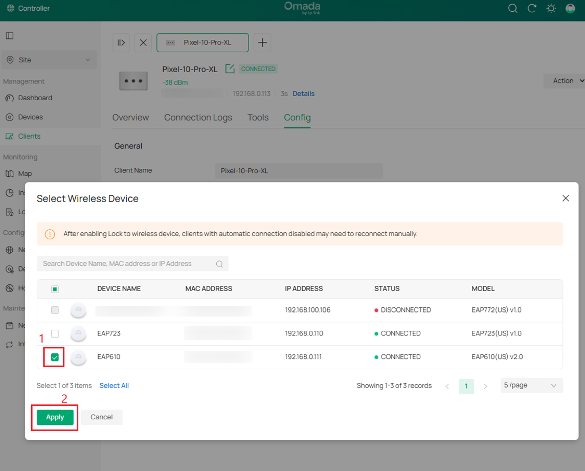 Mobile client settings screen providing option to select wireless device to bind to