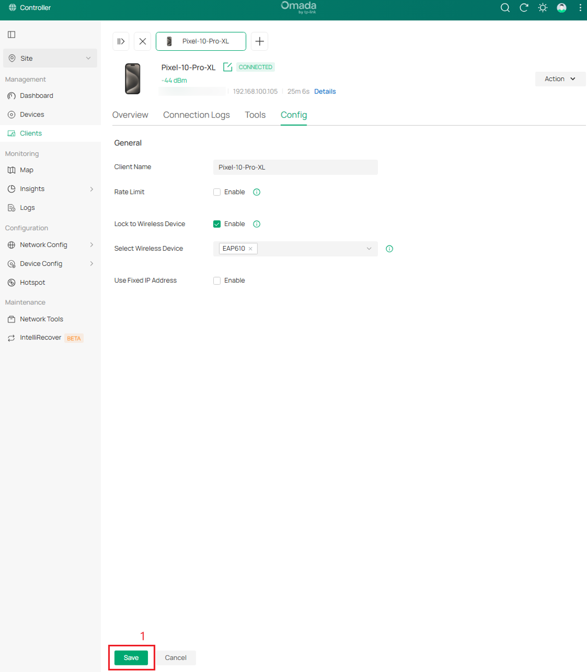 Client settings screen showing network configuration options and selected wireless devices