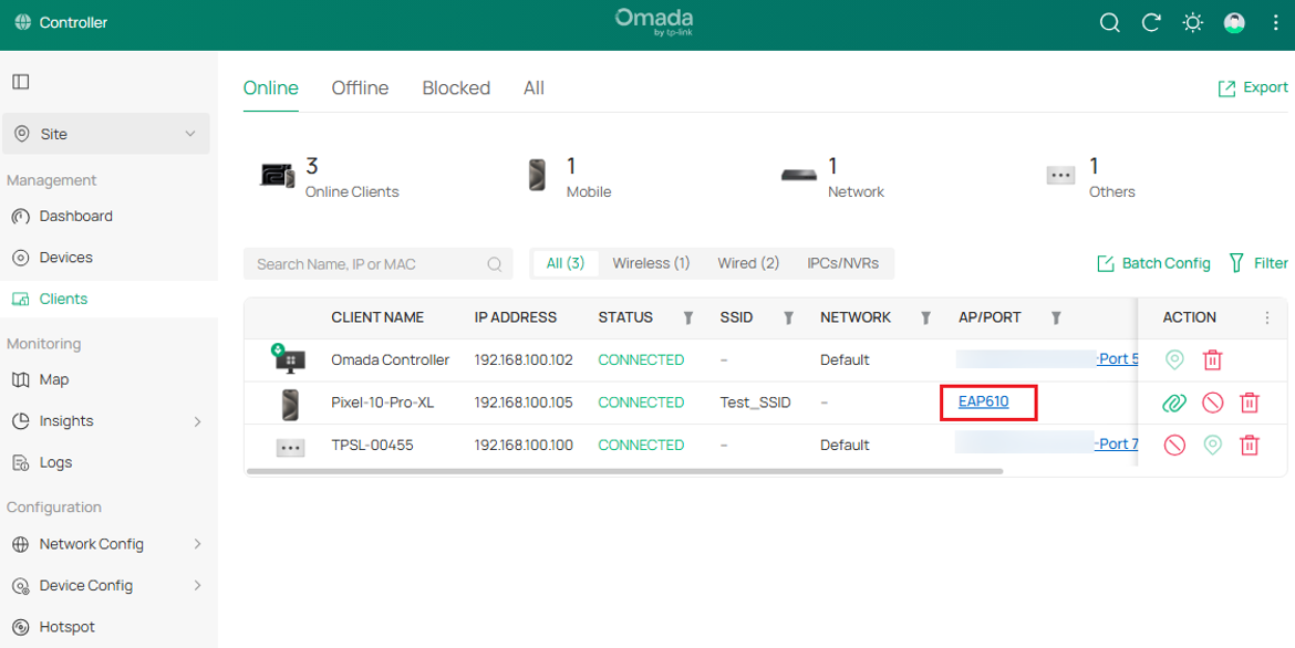 Omada Controller dashboard, showing various network devices, their statuses, and configuration options