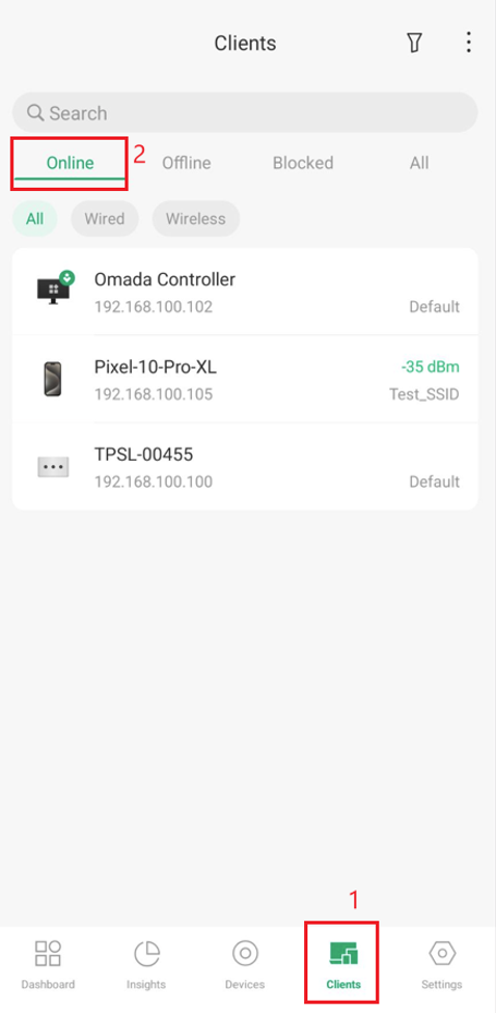 Omada App Online Clients page listing connected devices, IP addresses, SSIDs, and signal strength