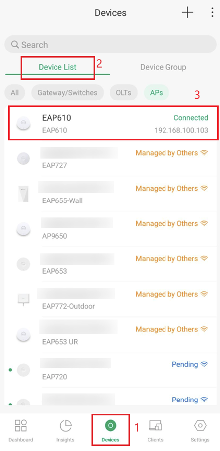Omada App device list page, displaying various APs, with their IP addresses and management status