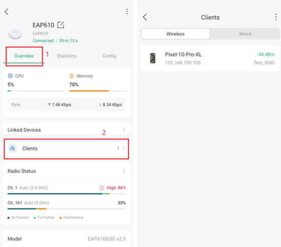 Omada App device client list page showing a connected wireless connection to a Google Pixel device