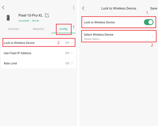 Mobile client settings screen displaying lock to wireless device functionality