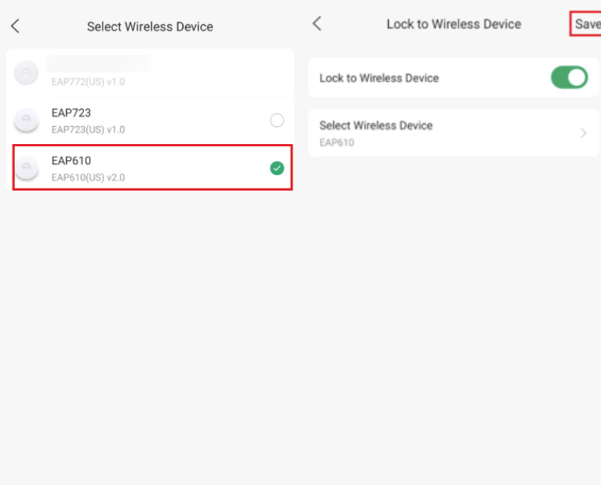 Omada App Lock to Wireless Device menu showing designated AP selection and save button