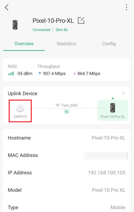 Omada App client details page displaying connection status, RSSI, throughput, and MAC address