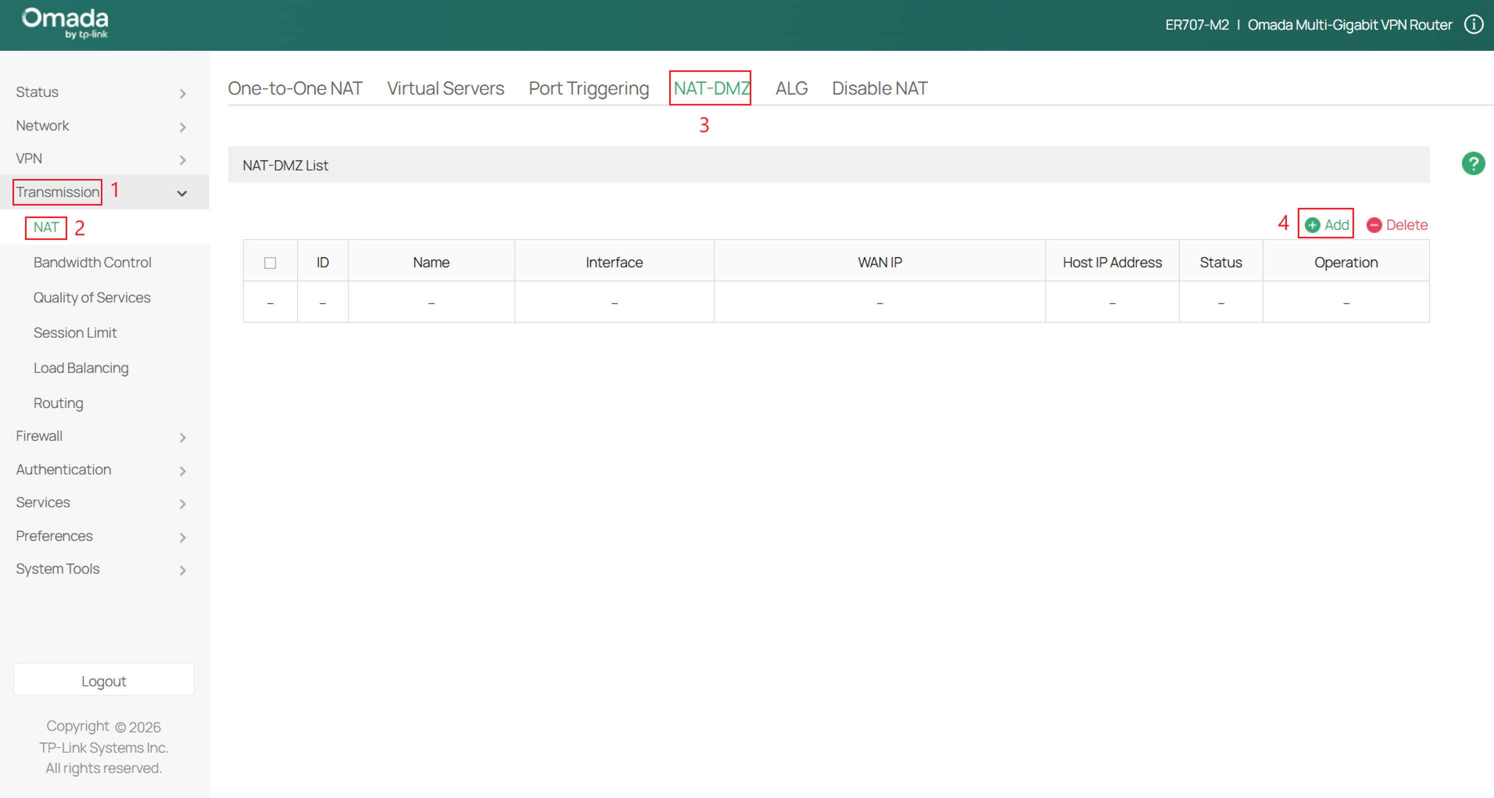 Navigate to NAT-DMZ on the router to create a new DMZ rule.