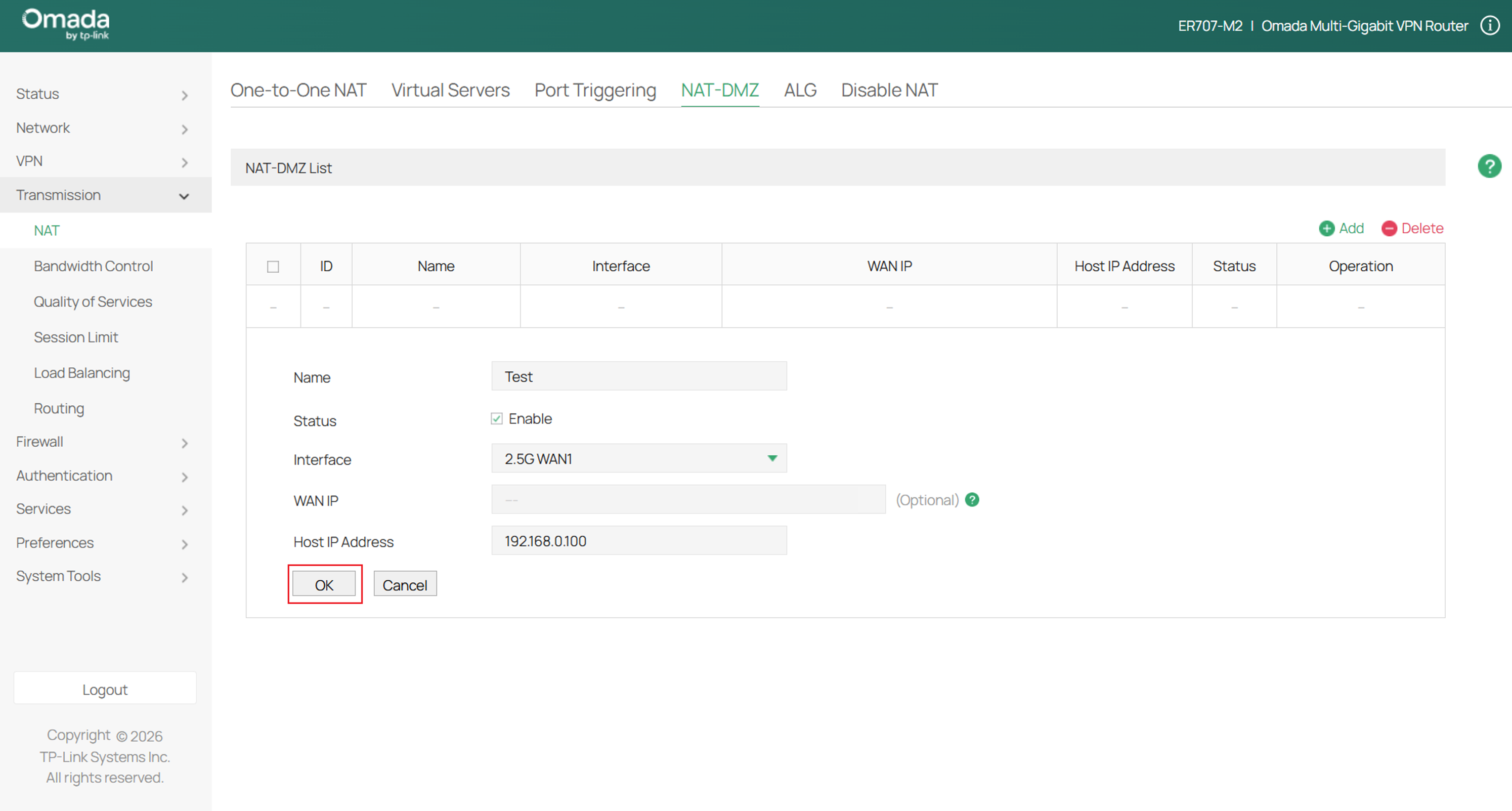 Fill in the parameters for the DMZ rule and select OK once complete.