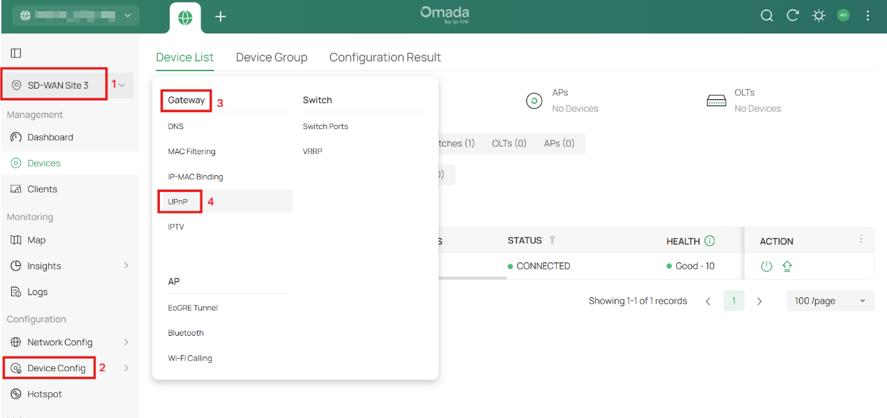 Omada Controller navigation showing the path to Gateway UPnP settings under Device Config.