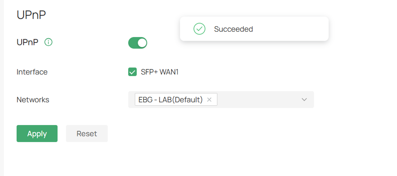 UPnP page showing SFP+ WAN1 selected and settings applied successfully.