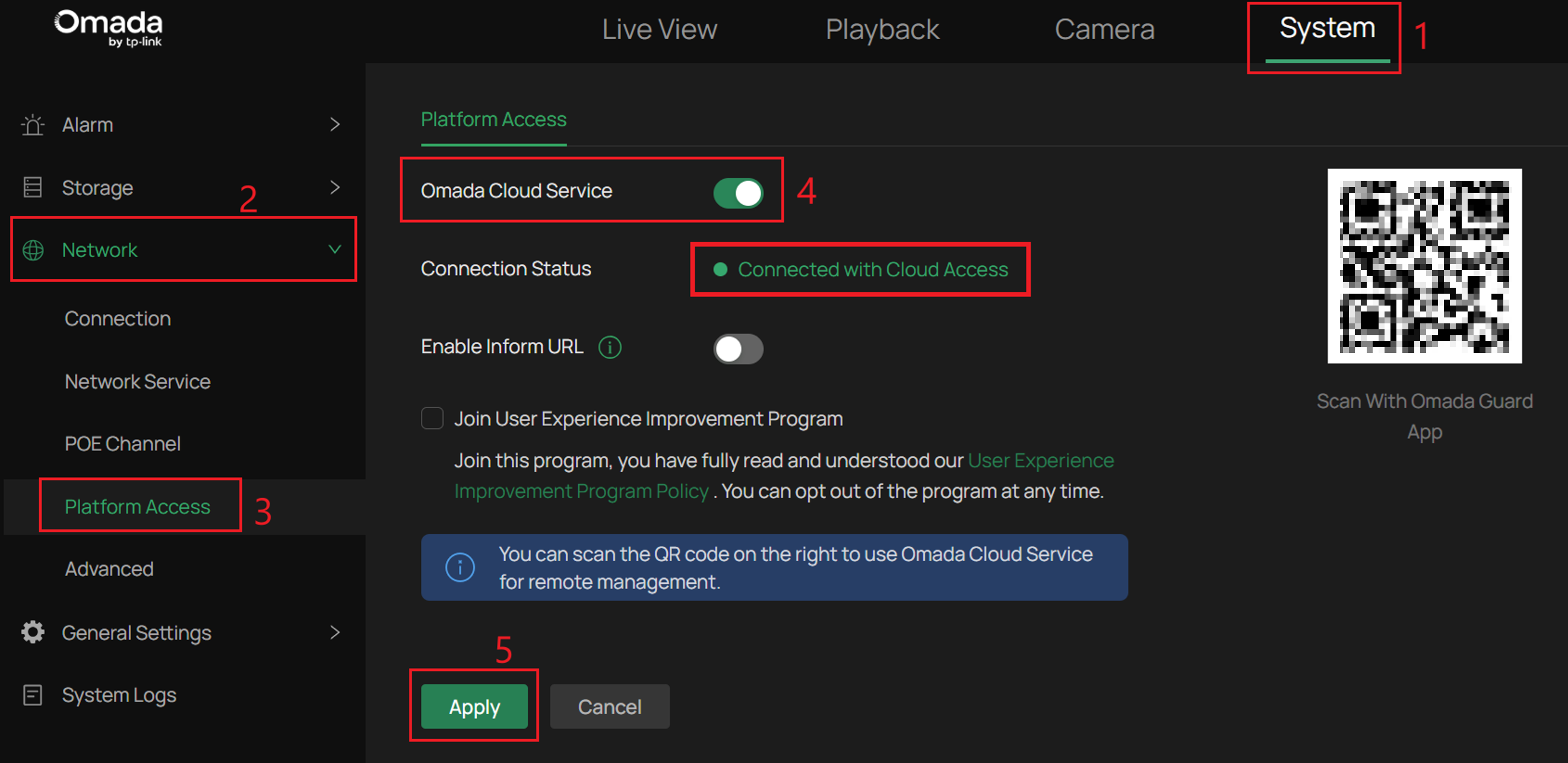 Omada Cloud Service page showing the service enabled and a QR code for binding the NVR to a TP-LINK ID.