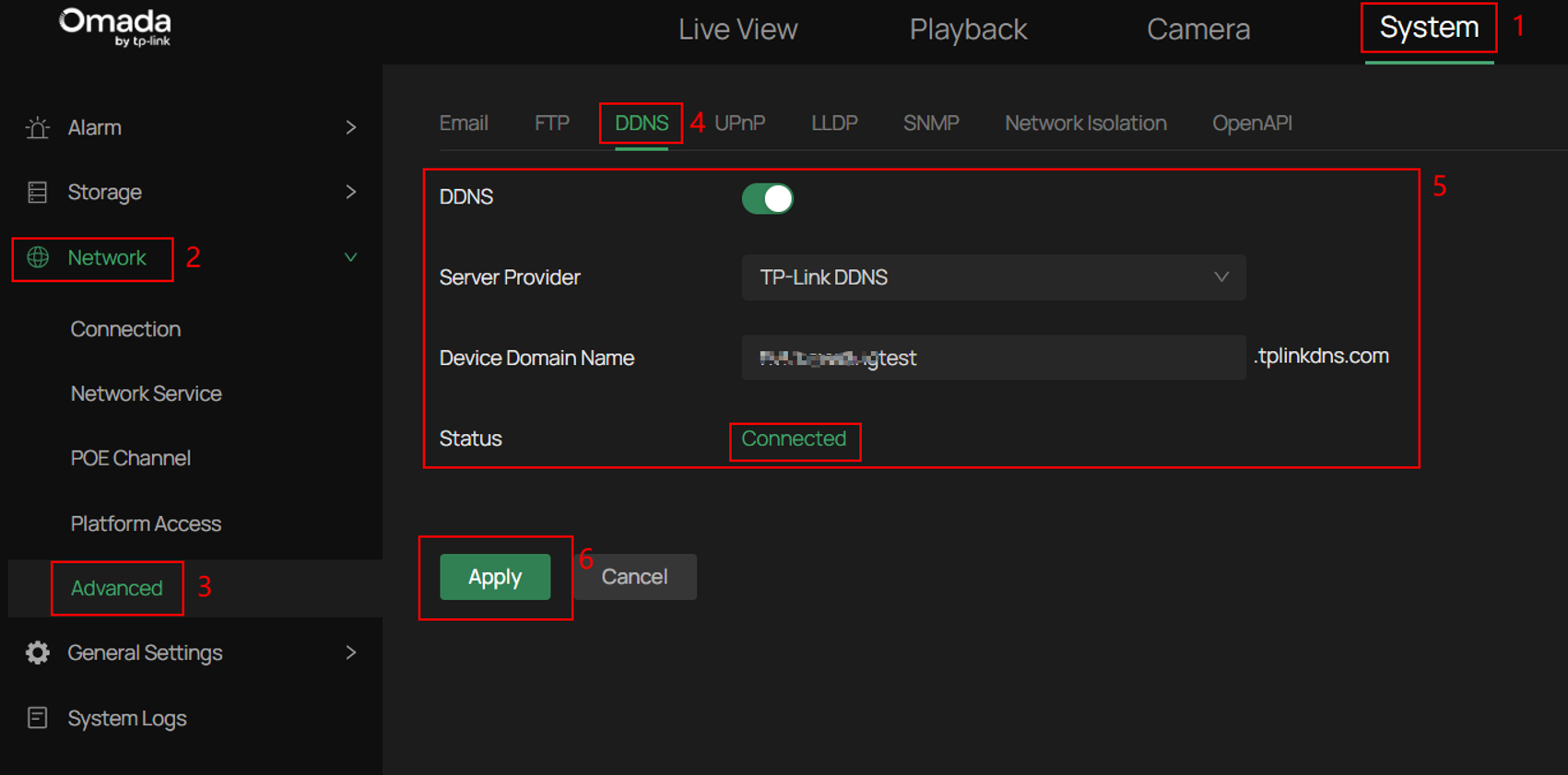 NVR DDNS settings page showing TP-Link DDNS information configured.