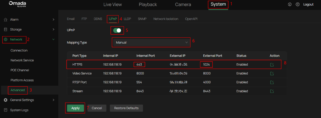 NVR UPnP settings page with UPnP enabled for port mapping.