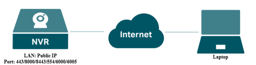 A typical topology diagram where the NVR’s IP address is a Public IP address.