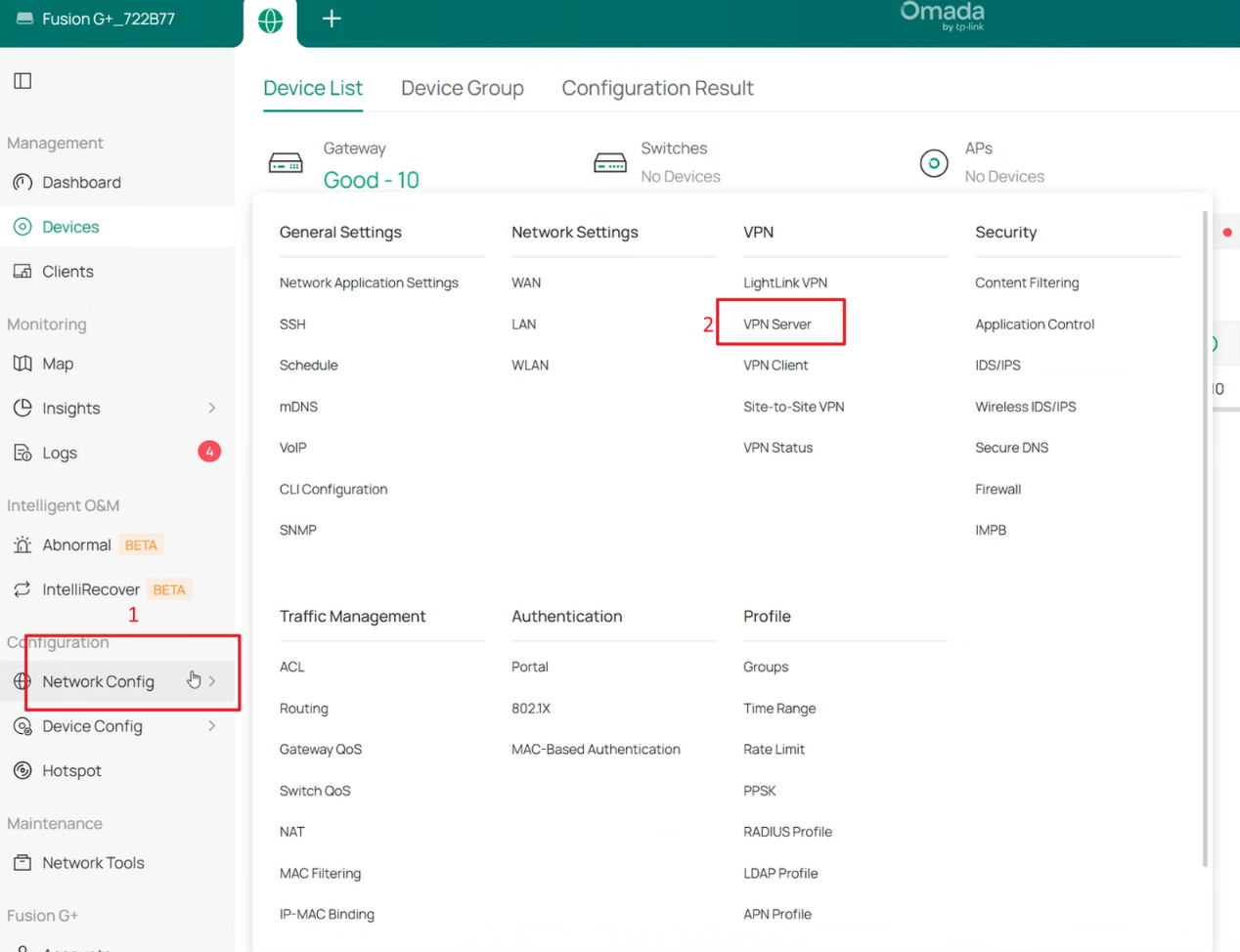 Navigate to Devices, Network Config, and VPN Server in Omada Controller to configure OpenVPN DCO.