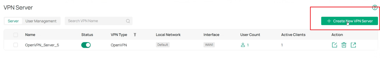 Open the VPN Server page and select Create New VPN Server to configure OpenVPN services.