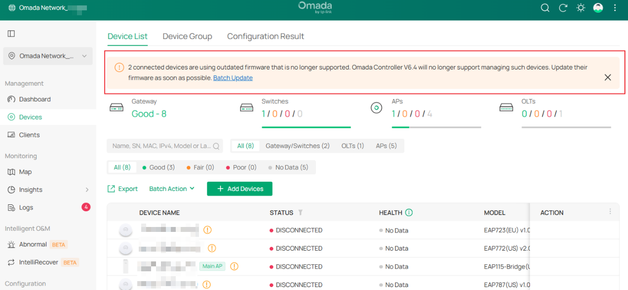 Device List page showing an ECSP v1 device notification banner with a Batch Update link.