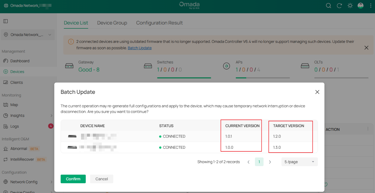 Batch Update dialog showing affected ECSP v1 devices, including the Current Version and Target Version fields for reviewing firmware upgrades before confirmation.