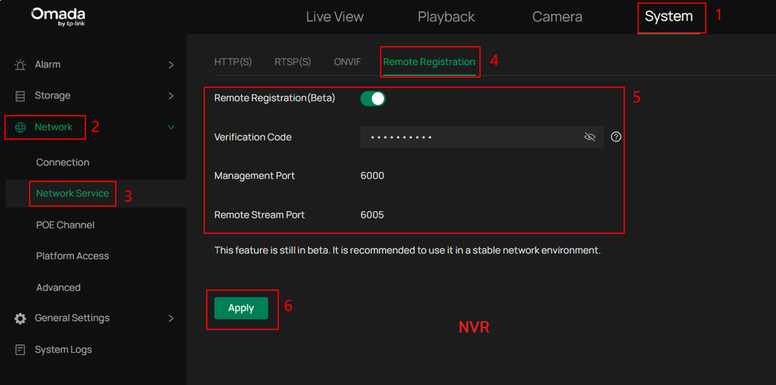  NVR web page showing Remote Registration enabled and verification code configured.