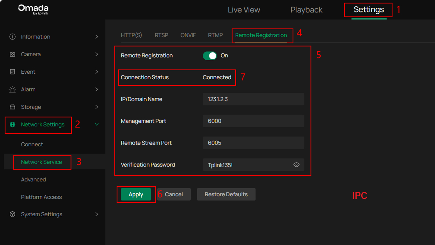 IPC Web UI showing NVR information entered for remote registration.