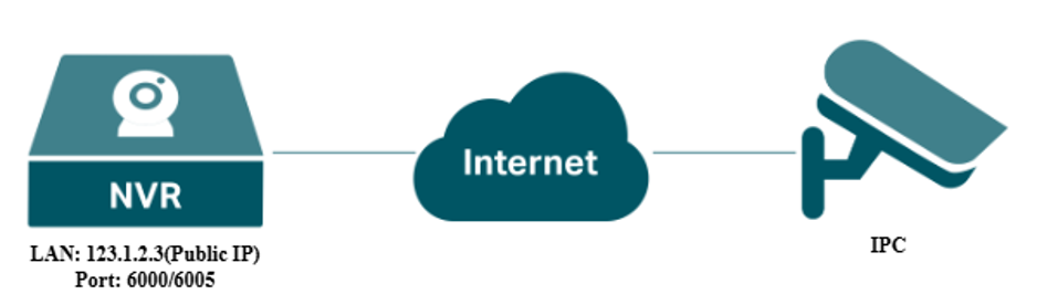 A typical topology diagram where the NVR’s IP address is a Public IP address.