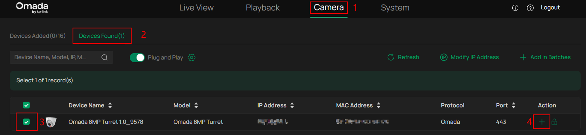 Device Found list showing the remote IPC available to add with the plus button.