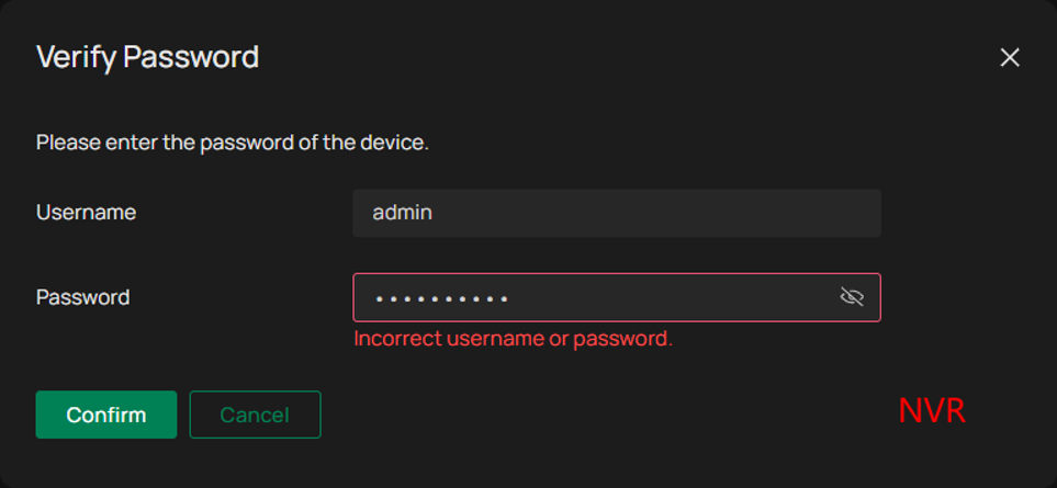 Verify Password page input incorrect IPC’s password and prompt "incorrect username or password."